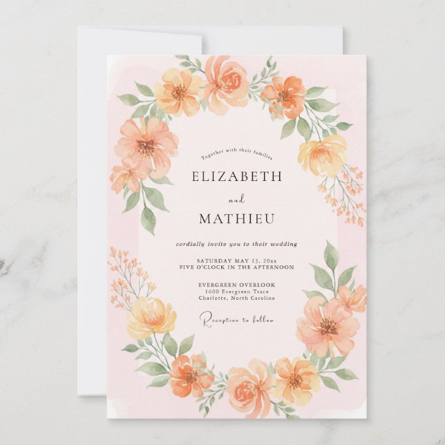 Invitación Boda Corona de Peonía Albaricoque (Anverso)