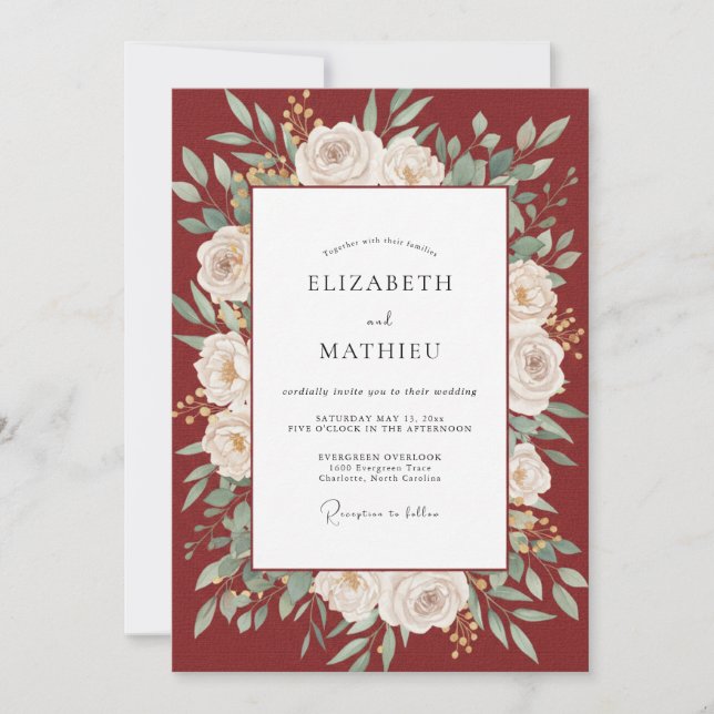Invitación Boda Corona de Peonía Carmesí (Anverso)