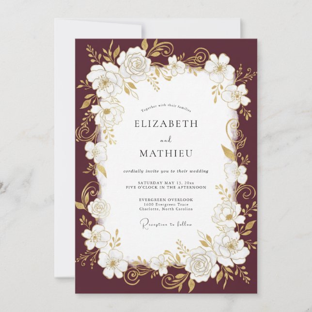 Invitación Boda Corona de Peonía con Vino (Anverso)