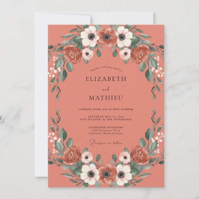 Invitación Boda Corona de Peonía Coral (Anverso)
