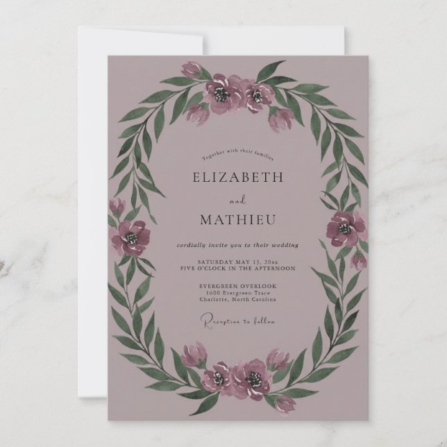 Invitación Boda Corona de Peonía Malva (Anverso)