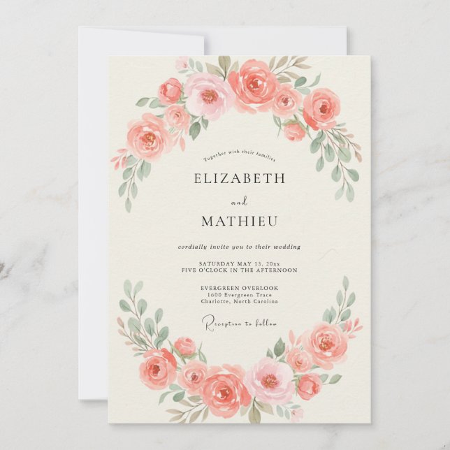 Invitación Boda Corona de Peonía Melocotón (Anverso)