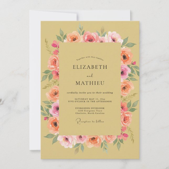 Invitación Boda Corona de Peonía Mostaza (Anverso)