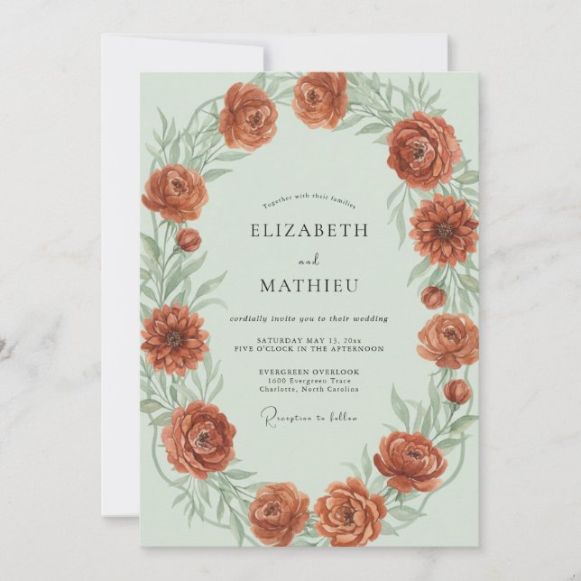 Invitación Boda Corona de Peonía Oxidada (Anverso)