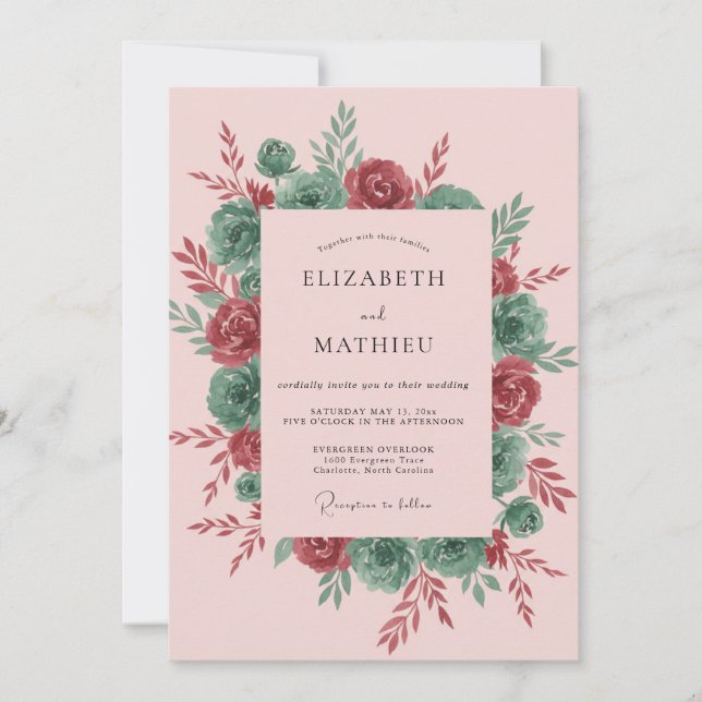 Invitación Boda Corona de Peonía Rosada (Anverso)