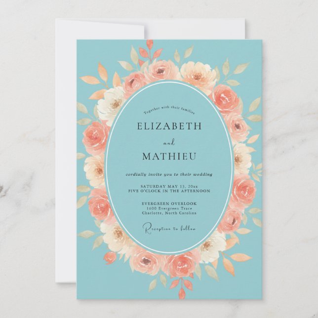 Invitación Boda Corona de Peonía Turquesa (Anverso)