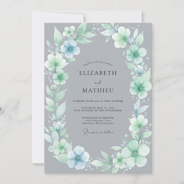 Invitación Boda Corona de Pizarra Acuática (Anverso)