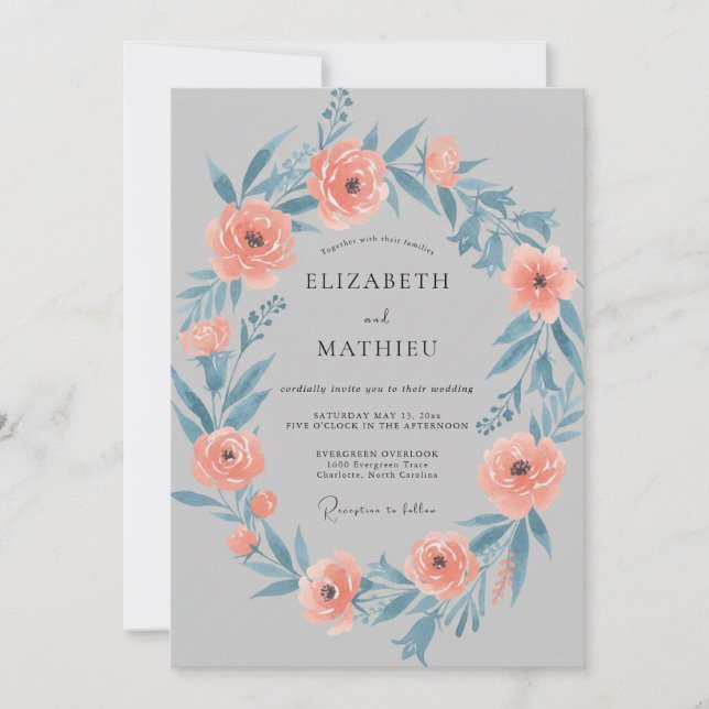 Invitación Boda Corona de Pizarra Coral (Anverso)
