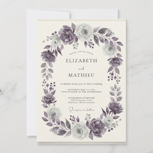 Invitación Boda Corona de Plata y Amatista (Anverso)