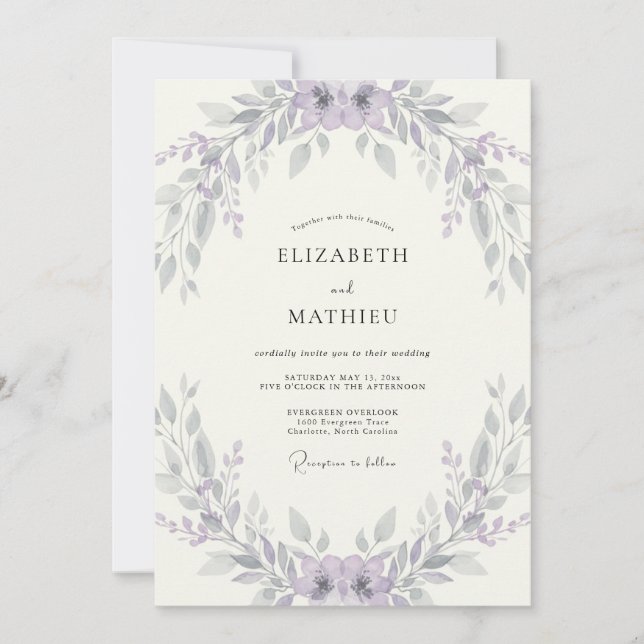 Invitación Boda Corona de Plata y Lavanda (Anverso)