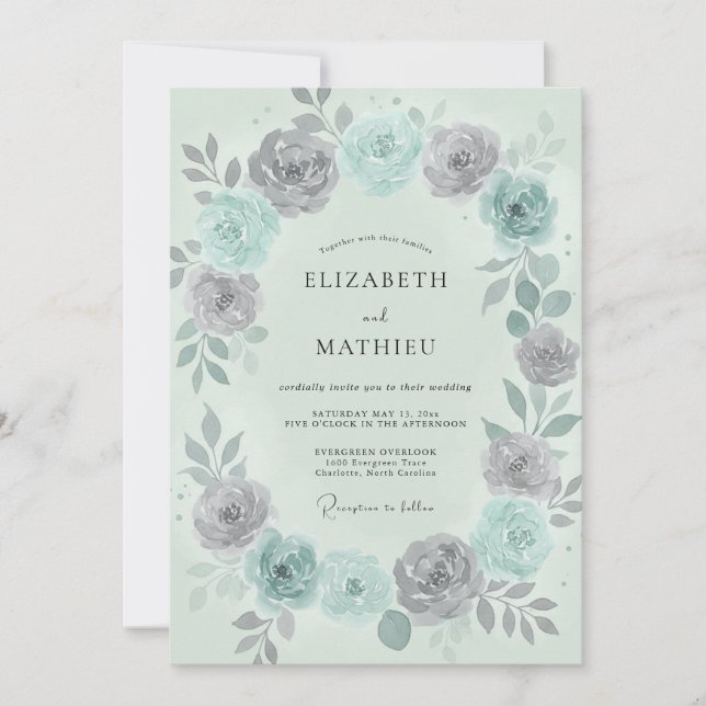 Invitación Boda Corona de Plata y Menta (Anverso)
