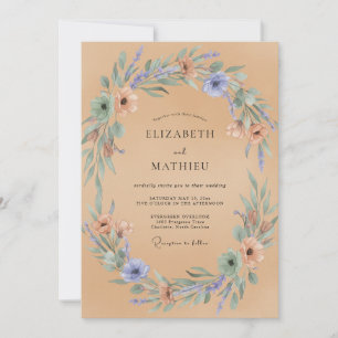 Invitación Boda Corona de Polvo de Violeta Celeste y Melocotó