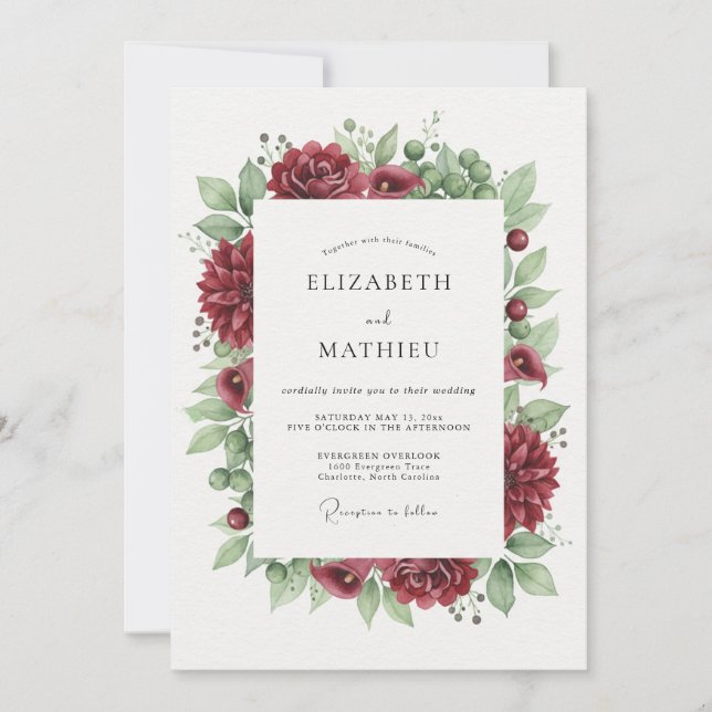 Invitación Boda Corona de Ranúnculo Granate (Anverso)