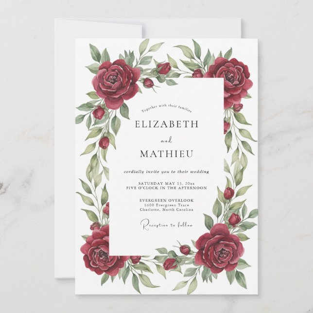 Invitación Boda Corona de Rosa Antigua Carmesí (Anverso)