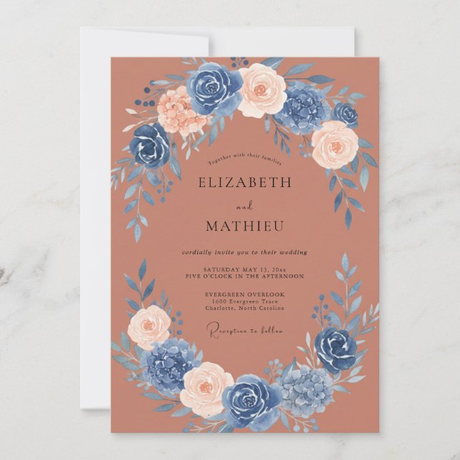 Invitación Boda Corona de Rosa Azul (Anverso)