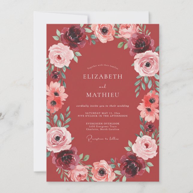 Invitación Boda Corona de Rosa Cálida Carmesí (Anverso)