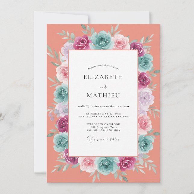 Invitación Boda Corona de Rosa Coral (Anverso)