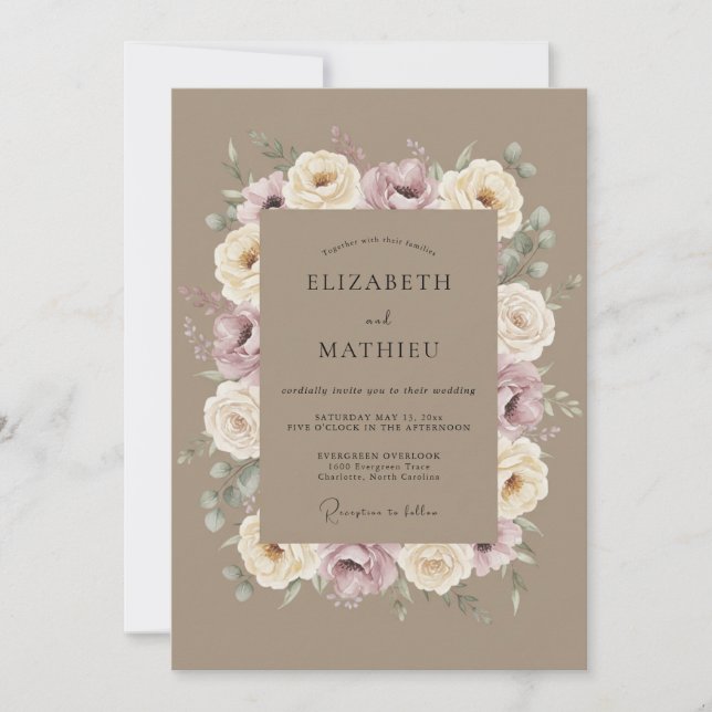 Invitación Boda Corona de Rosa Crema Malva (Anverso)