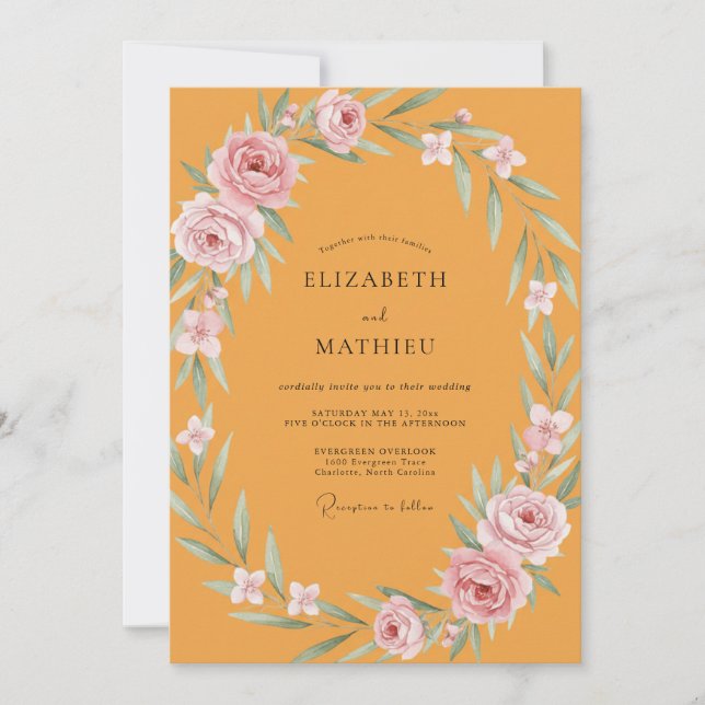 Invitación Boda Corona de Rosa Ocra (Anverso)