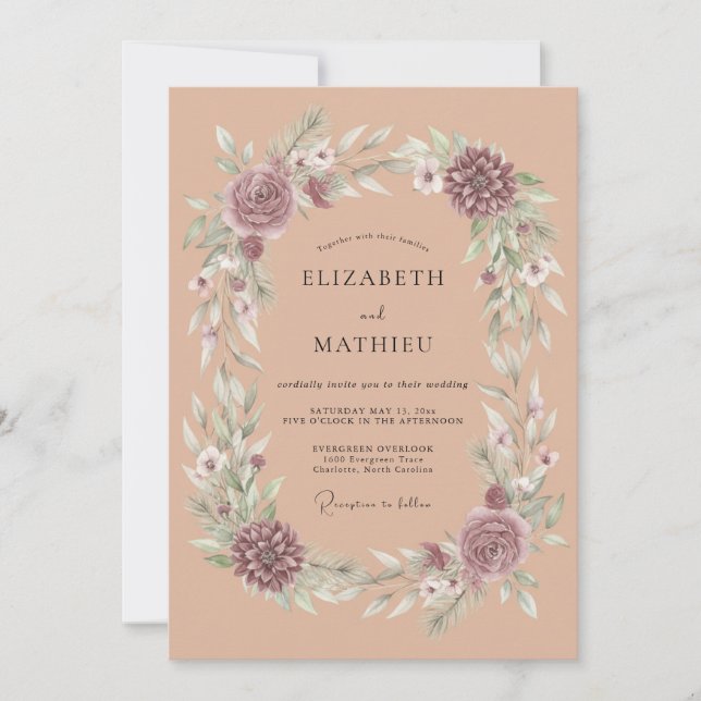 Invitación Boda Corona de Rosa Polvorienta (Anverso)