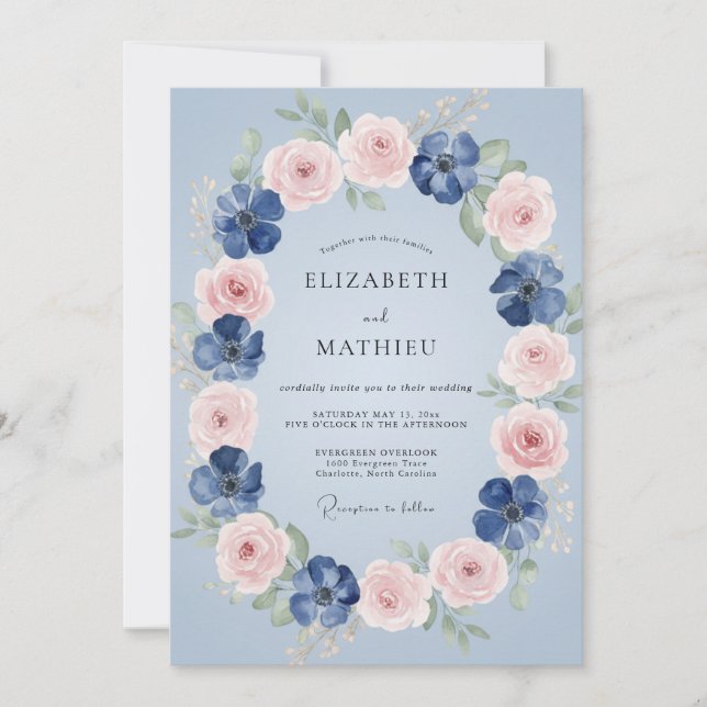 Invitación Boda Corona de Rosa Rosa Azure (Anverso)