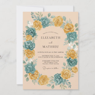 Invitación Boda Corona de Rosa Verde Acuario Melocotón