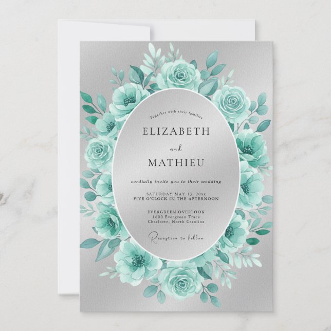 Invitación Boda Corona de Rosas Aqua (Anverso)