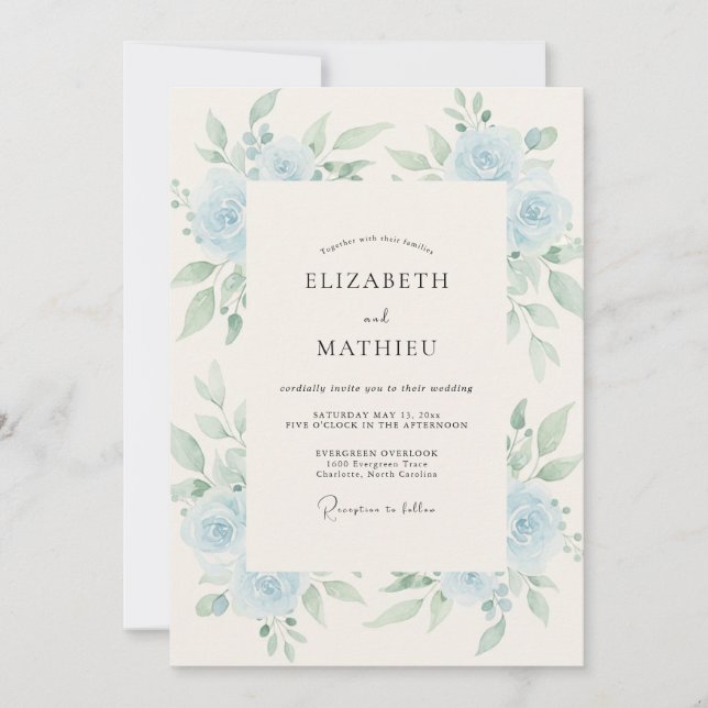 Invitación Boda Corona de Rosas Azul Cielo (Anverso)