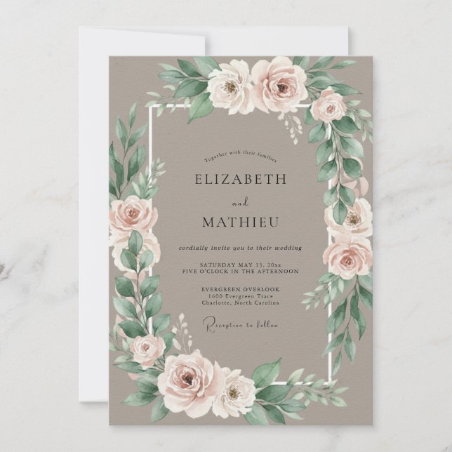 Invitación Boda Corona de Rosas Beige Rosado (Anverso)
