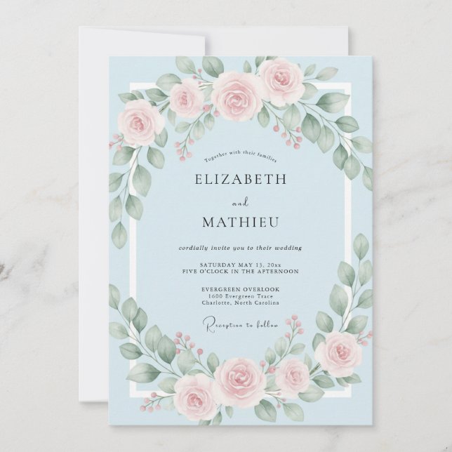 Invitación Boda Corona de Rubor en Polvo (Anverso)