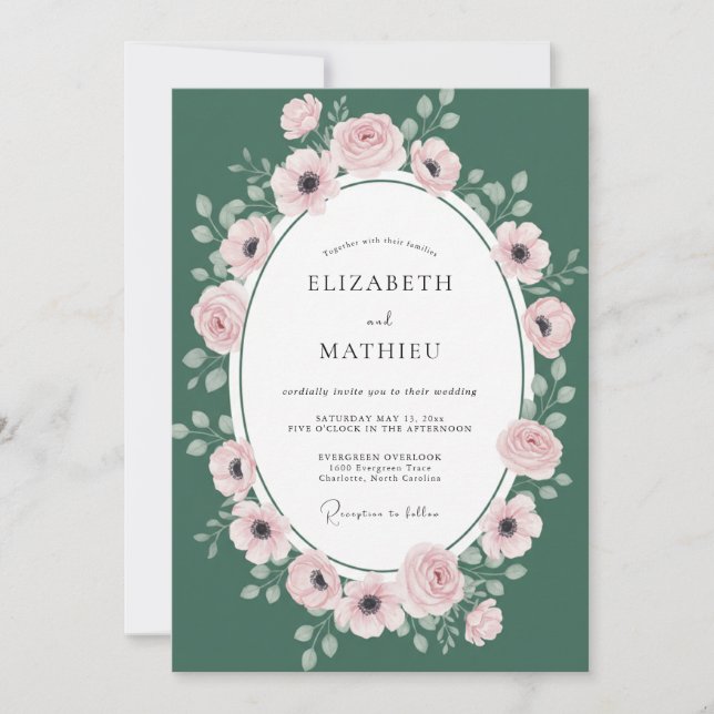 Invitación Boda Corona de Rubor Verde Cazador (Anverso)