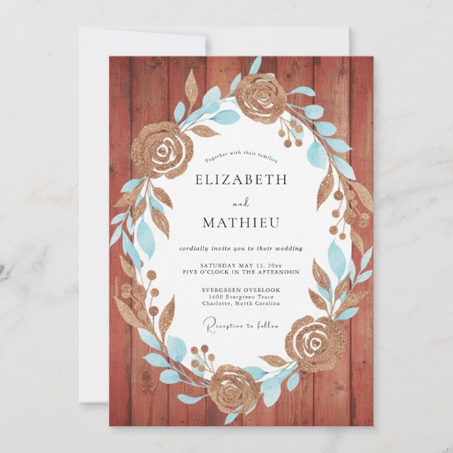 Invitación Boda Corona de Rust Aqua (Anverso)