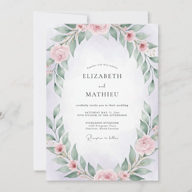 Invitación Boda Corona de Salvia con Rubor de Rosa (Anverso)