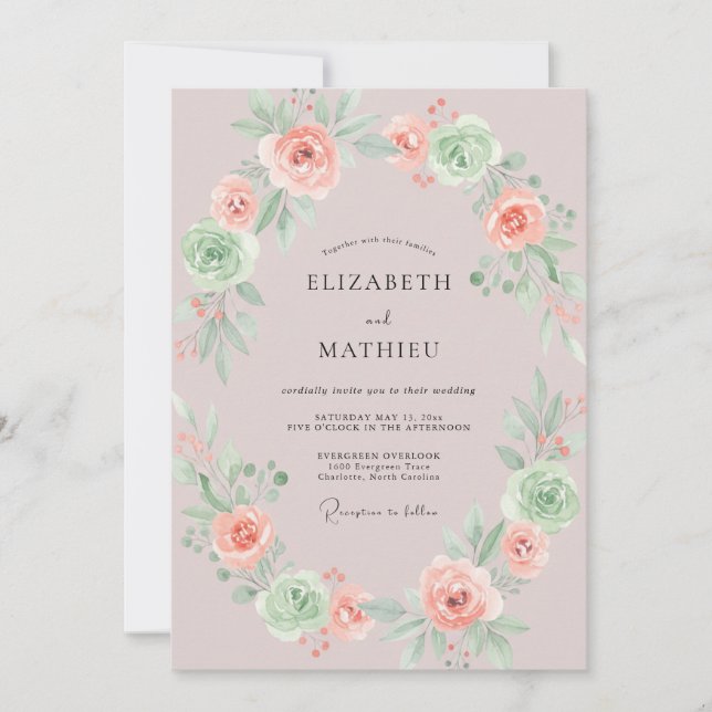 Invitación Boda Corona de Salvia Coral (Anverso)