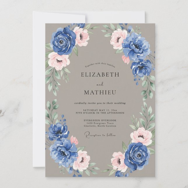 Invitación Boda Corona de Taupe y Centaurea (Anverso)