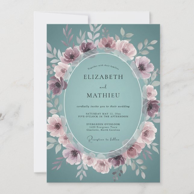 Invitación Boda Corona de Té Verde Malva Polvorienta (Anverso)