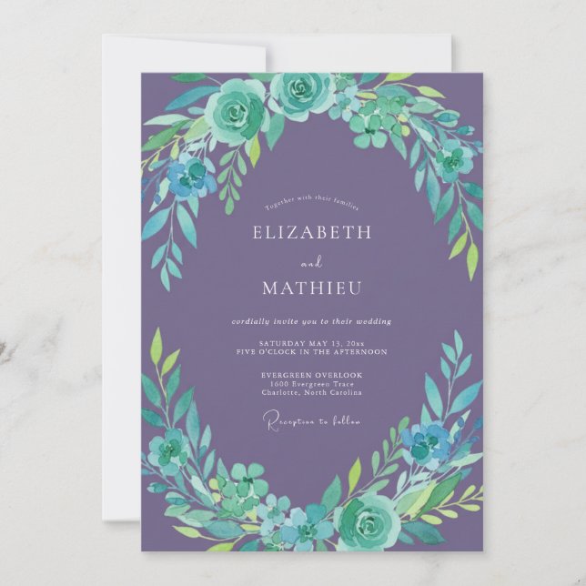 Invitación Boda Corona de Té Verde Malva Silenciada (Anverso)