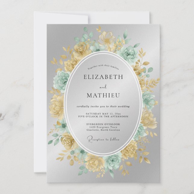 Invitación Boda Corona de Té Verde y Champán (Anverso)