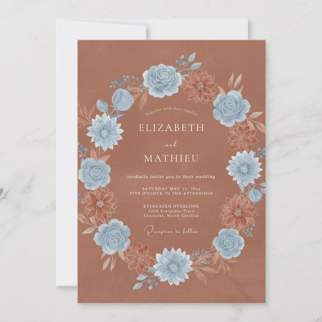 Invitación Boda Corona de Terracota Azul (Anverso)