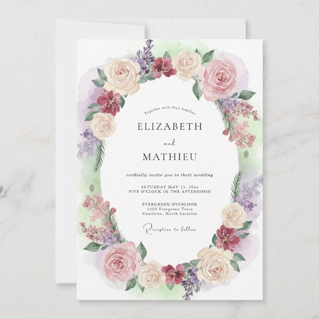 Invitación Boda Corona de Tono Rosa Pálido Malva (Anverso)