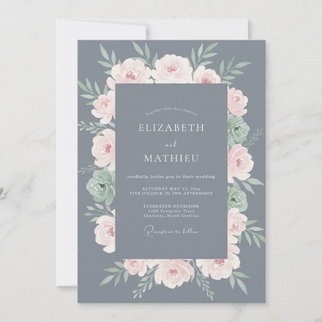 Invitación Boda Corona de Tono Rosa Pálido Pizarra (Anverso)