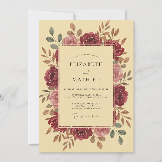 Invitación Boda Corona de vino tinto profundo (Anverso)