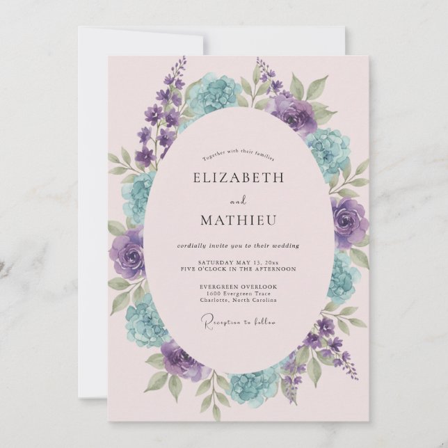Invitación Boda Corona de Violeta Acuática (Anverso)
