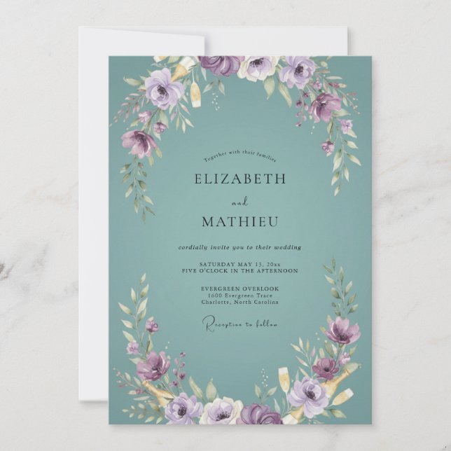 Invitación Boda Corona de Violeta Aqua Silenciada (Anverso)