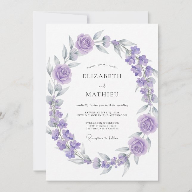 Invitación Boda Corona de Violeta Lila Suave (Anverso)