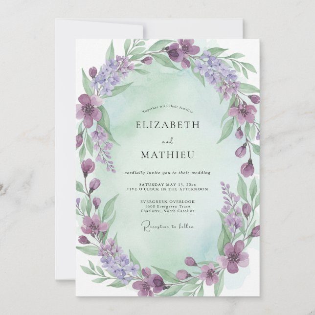 Invitación Boda Corona de Violeta y Menta (Anverso)