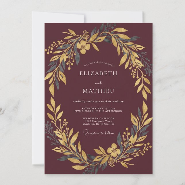 Invitación Boda Corona Dorada Borgoña (Anverso)