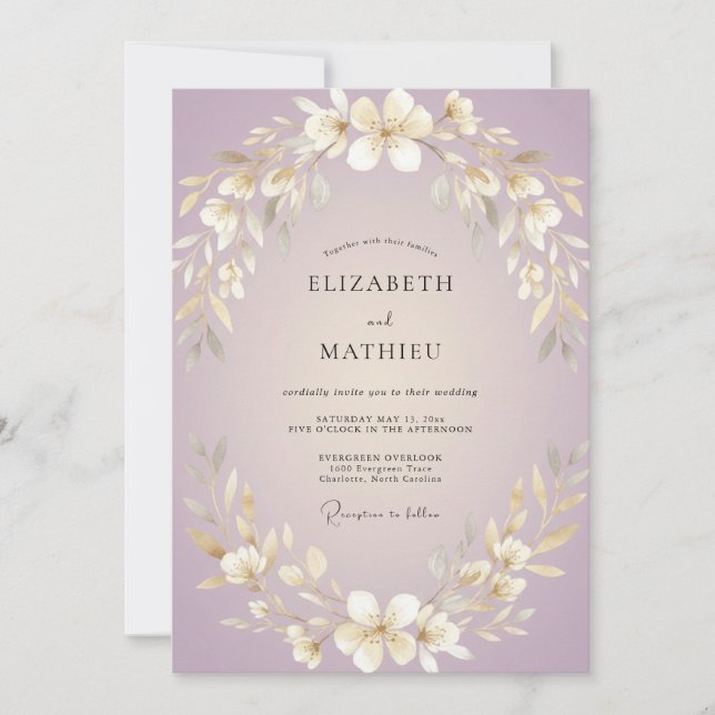 Invitación Boda Corona Dorada Lila (Anverso)