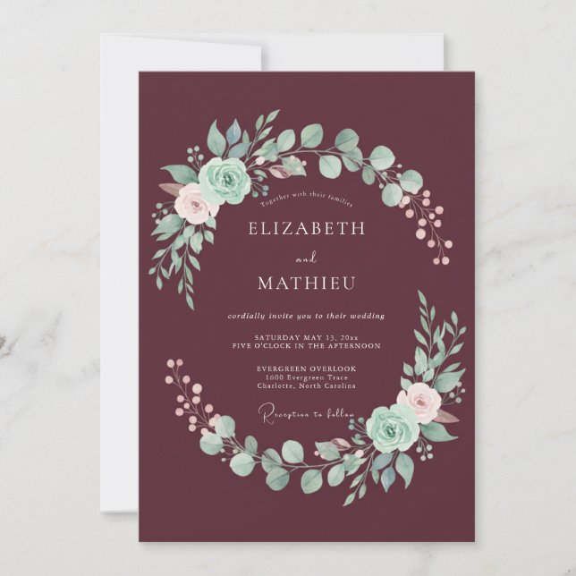 Invitación Boda Corona Etérea Borgoña (Anverso)