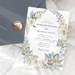 Invitación Boda Corona Floral Acuarela Blanca Romántica